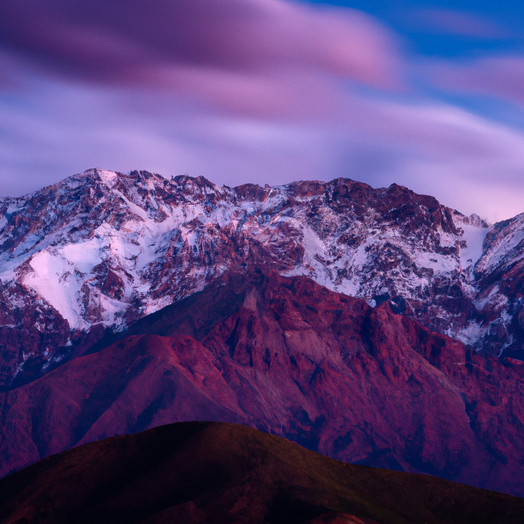 Cordillera de los Andes en Chile durante la hora azul con picos nevados y nubes, estilo panorámico