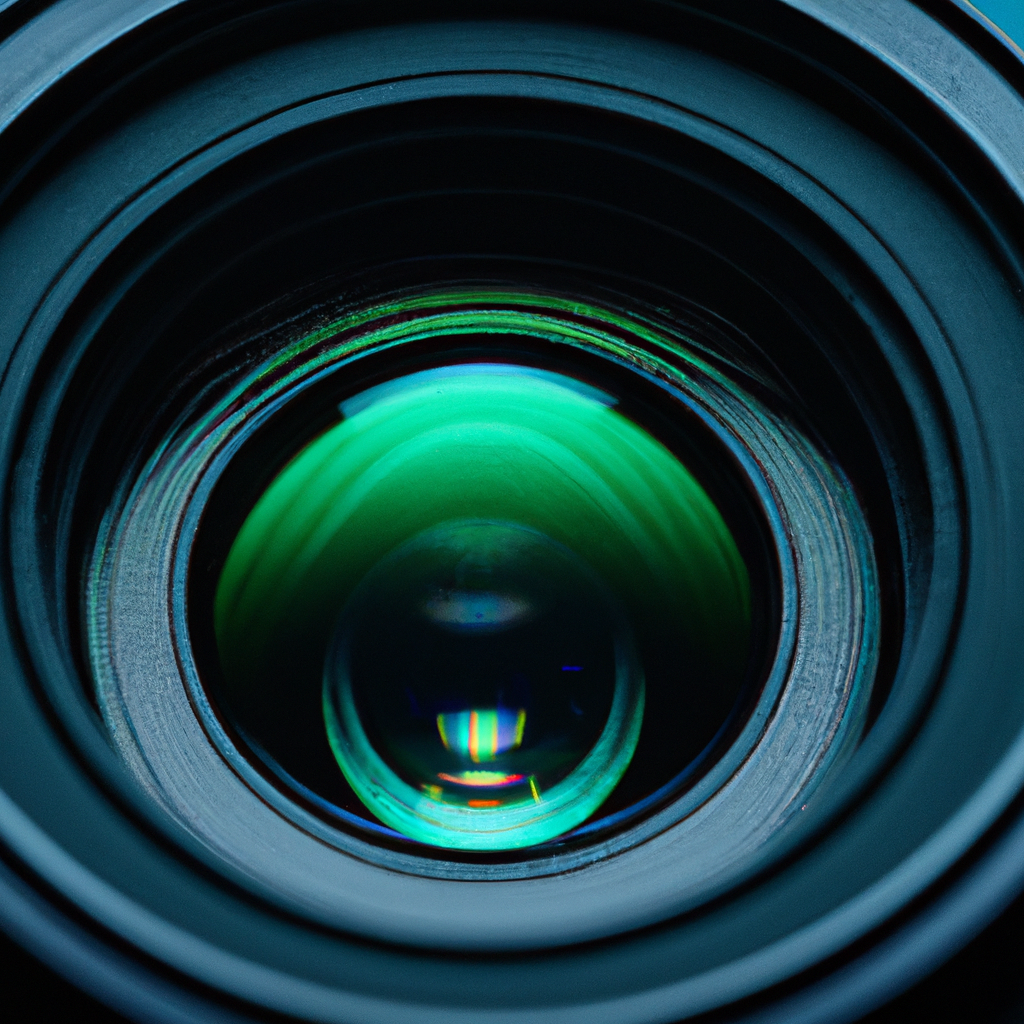 Lente de cámara con reflejo cian, fondo minimalista