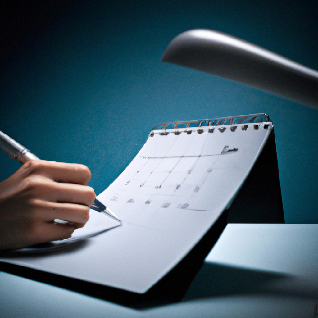 Calendario de reservas de estudio con mano y lápiz, tonos cian